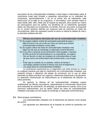 secundario de los corticosteroides inhalados a dosis bajas e intermedias sobre el
crecimiento lineal está limitado a pequeñas reducciones en la velocidad de
crecimiento, aproximadamente 1 cm en el primer año de tratamiento, esta
disminución en la talla no es progresiva, ni acumulativa, pero persiste hasta la
edad adulta (283, 284). Dado que el impacto es pequeño, pero puede ser motivo
de preocupación para los padres, los beneficios de un tratamiento apropiado
deben ser discutidos con el paciente y la familia. Pero por otra parte, la búsqueda
de un control absoluto definido por ausencia total de síntomas en todas las
circunstancias, debe ser sopesado cuando el asma no afecta la calidad de vida y
la actividad cotidiana del niño
Efectos secundarios derivados del uso de corticoesteroides inhalados
61. Se sugiere realizar control de crecimiento (percentil de peso y
talla) al menos una vez al año en niños con asma que reciben
corticosteroides inhalados a dosis altas.
√
62. Se sugiere utilizar las dosis de corticosteroides inhalados más
bajas con las que se mantenga un adecuado control del asma.
63. A los niños a quienes se les administran dosis iguales o mayores
de 800 µg al día de beclometasona o su equivalente, se sugiere:
- Dar por escrito un plan de remplazo de corticosteroides en caso
de que ocurra una enfermedad intercurrente seria o una cirugía,
√
y
- Estar bajo el cuidado de un pediatra, médico de familia o
neumólogo pediatra durante el tiempo que dure el tratamiento
con estas dosis de corticosteroides inhalados.
La insuficiencia suprarrenal es un diagnóstico que debe tenerse en cuenta
en cualquier paciente que esté en tratamiento con corticosteroides inhalados, que
presente choque o alteración del estado de conciencia, por lo que en estos
pacientes se deben practicar con urgencia, mediciones bioquímicas y de glucemia.
La aplicación intramuscular de hidrocortisona es el tratamiento de elección en
estos pacientes.
En general, la eficacia de los corticosteroides inhalados supera
ampliamente los efectos secundarios, especialmente la mencionada disminución
de la velocidad de crecimiento. Sin embargo, se debe tener en cuenta, como ya se
mencionó anteriormente, que se deben utilizar las dosis de corticoesteroides
inhalados más bajas con las cuales se mantenga un adecuado control del asma.

5.5

Otras terapias controladoras
Los corticosteroides inhalados son el tratamiento de elección como terapia
de control.
Las siguientes son alternativas de la terapias de control en pacientes con
90

 