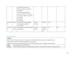 terminology - Search also for

synonyms, explosion on preferred
terminology)

#3. Creatine Kinase MB (Map to

preferred terminology - Search also

for synonyms, explosion on preferred
01/11/20

Medline

11

e central

11

01/11/20

Cochran

terminology)

#4. #2 OR #3

#5. #1 AND #4

#1. Asphyxia neonatorum [MESH]

Humans

1991-2011

kinase(all text)

Reviews

noviembre

#2 Creatine Kinase [MESH]
#3. #1 AND #2

Birth Asphyxia (all text) AND creatine

1991-2011
Cochrane

Incepción –
2011

5/28
0/2

0/0

Pregunta clínica 6
Cuál es la alternativa ideal para seguimiento y diagnóstico de falla multisistémica secundaria, en los siguientes grupos:
Pregunta:

-Recién nacidos con factores de riesgo prenatales para asfixia perinatal

-Recién nacidos sin factores de riesgo prenatales pero con trastorno adaptativo y que no cumplió criterios para asfixia.
Tópico

Usuarios

Pruebas diagnósticas, asfixia perinatal

Médicos (generales, pediatras, neonatólogos) que se enfrentan a recién nacidos con sospecha de asfixia perinatal.
238

 
