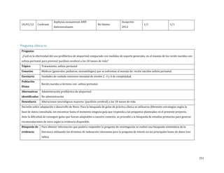 10/01/12

Cochrane

Asphyxia neonatorum AND
Anticonvulsants

No límites

Incepción2012

1/1

1/1

Pregunta clínica 10
¿Cuál es la efectividad del uso profiláctico de alopurinol comparado con medidas de soporte generales, en el manejo de los recién nacidos con

Pregunta:

asfixia perinatal para prevenir parálisis cerebral a los 18 meses de vida?
Tópico

Usuarios
Escenario
Población
Diana
Alternativas
identificadas

Tratamiento, asfixia perinatal

Médicos (generales, pediatras, neonatólogos) que se enfrentan al manejo de recién nacidos asfixia perinatal.
Unidades de cuidado intensivo neonatal de niveles 2 -3 y 4 de complejidad.
Recién nacidos a término con asfixia perinatal.
Administración profiláctica de alopurinol
No administración

Alteraciones neurológicas mayores (parálisis cerebral) a los 18 meses de vida

Decisión sobre adaptación o desarrollo de Novo: Para la búsqueda de guías de práctica clínica se utilizaron diferentes estrategias según la
Desenlaces

base de datos consultada, sin encontrar hasta el momento ninguna guía que responda a las preguntas planteadas en el presente proyecto.

Ante la dificultad de conseguir guías que fueran adaptables a nuestro contexto, se procedió a la búsqueda de estudios primarios para generar
recomendaciones de novo según la evidencia disponible.
Búsqueda de
evidencia

Para obtener información que pudiera responder la pregunta de investigación se realizó una búsqueda sistemática de la

literatura utilizando los términos de indexación relevantes para la pregunta de interés en las principales bases de datos (ver
tabla).

251

 