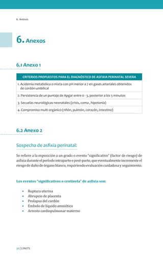 6. Anexos
36 | CINETS
6.Anexos
6.1 Anexo 1
CRITERIOS PROPUESTOS PARA EL DIAGNÓSTICO DE ASFIXIA PERINATAL SEVERA
1. Acidemia metabólica o mixta con pH menor a 7 en gases arteriales obtenidos
de cordón umbilical
2. Persistencia de un puntaje de Apgar entre 0 - 3, posterior a los 5 minutos
3. Secuelas neurológicas neonatales (crisis, coma , hipotonía)
4. Compromiso multi orgánico (riñón, pulmón, corazón, intestino)
6.2 Anexo 2
Sospecha de asfixia perinatal:
Se refiere a la exposición a un grado o evento “significativo” (factor de riesgo) de
asfixiaduranteelperíodointrapartoopost-parto,queeventualmenteincrementeel
riesgo de daño de órgano blanco, requiriendo evaluación cuidadosa y seguimiento.
Los eventos “significativos o centinela” de asfixia son:
•	 Ruptura uterina
•	 Abrupcio de placenta
•	 Prolapso del cordón
•	 Embolo de líquido amniótico
•	 Arresto cardiopulmonar materno
 