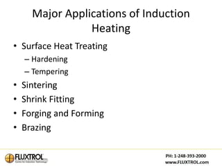 Major Applications of Induction
                 Heating
• Surface Heat Treating
    – Hardening
    – Tempering
•   Sintering
•   Shrink Fitting
•   Forging and Forming
•   Brazing
 