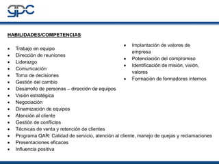 HABILIDADES/COMPETENCIAS
•
•
•
•
•
•
•
•
•
•
•
•
•
•
•
•

• Implantación de valores de
Trabajo en equipo
empresa
Dirección de reuniones
• Potenciación del compromiso
Liderazgo
• Identificación de misión, visión,
Comunicación
valores
Toma de decisiones
• Formación de formadores internos
Gestión del cambio
Desarrollo de personas – dirección de equipos
Visión estratégica
Negociación
Dinamización de equipos
Atención al cliente
Gestión de conflictos
Técnicas de venta y retención de clientes
Programa QAR: Calidad de servicio, atención al cliente, manejo de quejas y reclamaciones
Presentaciones eficaces
Influencia positiva

 