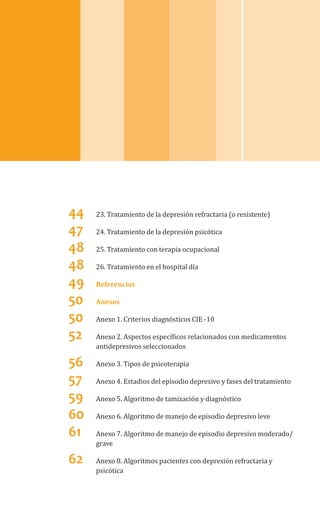 44	 23. Tratamiento de la depresión refractaria (o resistente)
47	 24. Tratamiento de la depresión psicótica
48	 25. Tratamiento con terapia ocupacional
48	 26. Tratamiento en el hospital día
49	 Referencias
50	 Anexos
50	 Anexo 1. Criterios diagnósticos CIE -10
52	 Anexo 2. Aspectos específicos relacionados con medicamentos
antidepresivos seleccionados
56	 Anexo 3. Tipos de psicoterapia
57	 Anexo 4. Estadios del episodio depresivo y fases del tratamiento
59	 Anexo 5. Algoritmo de tamización y diagnóstico
60	 Anexo 6. Algoritmo de manejo de episodio depresivo leve
61	 Anexo 7. Algoritmo de manejo de episodio depresivo moderado/
grave
62	 Anexo 8. Algoritmos pacientes con depresión refractaria y
psicótica
 