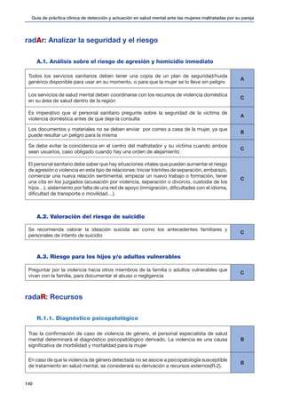 Guía de práctica clínica de detección y actuación en salud mental ante las mujeres maltratadas por su pareja
140
radAr: Analizar la seguridad y el riesgo
A.1. Análisis sobre el riesgo de agresión y homicidio inmediato
Todos los servicios sanitarios deben tener una copia de un plan de seguridad/huida
genérico disponible para usar en su momento, o para que la mujer se lo lleve sin peligro
A
Los servicios de salud mental deben coordinarse con los recursos de violencia doméstica
en su área de salud dentro de la región
C
Es imperativo que el personal sanitario pregunte sobre la seguridad de la victima de
violencia doméstica antes de que deje la consulta
A
Los documentos y materiales no se deben enviar por correo a casa de la mujer, ya que
puede resultar un peligro para la misma
B
Se debe evitar la coincidencia en el centro del maltratador y su víctima cuando ambos
sean usuarios, caso obligado cuando hay una orden de alejamiento
C
El personal sanitario debe saber que hay situaciones vitales que pueden aumentar el riesgo
de agresión o violencia en este tipo de relaciones: Iniciar trámites de separación, embarazo,
comenzar una nueva relación sentimental, empezar un nuevo trabajo o formación, tener
una cita en los juzgados (acusación por violencia, separación o divorcio, custodia de los
hijos…), aislamiento por falta de una red de apoyo (inmigración, dificultades con el idioma,
dificultad de transporte o movilidad…).
C
A.2. Valoración del riesgo de suicidio
Se recomienda valorar la ideación suicida así como los antecedentes familiares y
personales de intento de suicidio
C
A.3. Riesgo para los hijos y/o adultos vulnerables
Preguntar por la violencia hacia otros miembros de la familia o adultos vulnerables que
vivan con la familia, para documentar el abuso o negligencia
C
radaR: Recursos
R.1.1. Diagnóstico psicopatológico
Tras la confirmación de caso de violencia de género, el personal especialista de salud
mental determinará el diagnóstico psicopatológico derivado. La violencia es una causa
significativa de morbilidad y mortalidad para la mujer
B
En caso de que la violencia de género detectada no se asocie a psicopatología susceptible
de tratamiento en salud mental, se considerará su derivación a recursos externos(R.2).
B
 