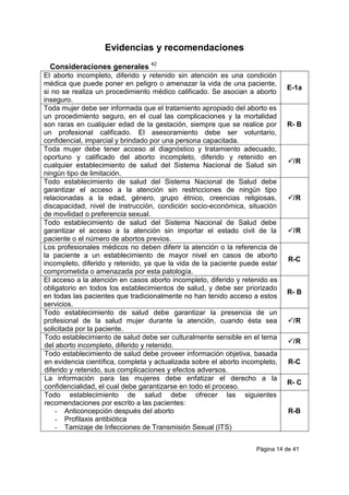 Página 14 de 41
Evidencias y recomendaciones
Consideraciones generales 42
El aborto incompleto, diferido y retenido sin atención es una condición
médica que puede poner en peligro o amenazar la vida de una paciente,
si no se realiza un procedimiento médico calificado. Se asocian a aborto
inseguro.
E-1a
Toda mujer debe ser informada que el tratamiento apropiado del aborto es
un procedimiento seguro, en el cual las complicaciones y la mortalidad
son raras en cualquier edad de la gestación, siempre que se realice por
un profesional calificado. El asesoramiento debe ser voluntario,
confidencial, imparcial y brindado por una persona capacitada.
R- B
Toda mujer debe tener acceso al diagnóstico y tratamiento adecuado,
oportuno y calificado del aborto incompleto, diferido y retenido en
cualquier establecimiento de salud del Sistema Nacional de Salud sin
ningún tipo de limitación.
/R
Todo establecimiento de salud del Sistema Nacional de Salud debe
garantizar el acceso a la atención sin restricciones de ningún tipo
relacionadas a la edad, género, grupo étnico, creencias religiosas,
discapacidad, nivel de instrucción, condición socio-económica, situación
de movilidad o preferencia sexual.
/R
Todo establecimiento de salud del Sistema Nacional de Salud debe
garantizar el acceso a la atención sin importar el estado civil de la
paciente o el número de abortos previos.
/R
Los profesionales médicos no deben diferir la atención o la referencia de
la paciente a un establecimiento de mayor nivel en casos de aborto
incompleto, diferido y retenido, ya que la vida de la paciente puede estar
comprometida o amenazada por esta patología.
R-C
El acceso a la atención en casos aborto incompleto, diferido y retenido es
obligatorio en todos los establecimientos de salud, y debe ser priorizado
en todas las pacientes que tradicionalmente no han tenido acceso a estos
servicios.
R- B
Todo establecimiento de salud debe garantizar la presencia de un
profesional de la salud mujer durante la atención, cuando ésta sea
solicitada por la paciente.
/R
Todo establecimiento de salud debe ser culturalmente sensible en el tema
del aborto incompleto, diferido y retenido.
/R
Todo establecimiento de salud debe proveer información objetiva, basada
en evidencia científica, completa y actualizada sobre el aborto incompleto,
diferido y retenido, sus complicaciones y efectos adversos.
R-C
La información para las mujeres debe enfatizar el derecho a la
confidencialidad, el cual debe garantizarse en todo el proceso.
R- C
Todo establecimiento de salud debe ofrecer las siguientes
recomendaciones por escrito a las pacientes:
- Anticoncepción después del aborto
- Profilaxis antibiótica
- Tamizaje de Infecciones de Transmisión Sexual (ITS)
R-B
 