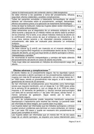Página 27 de 41
valorar la total evacuación del contenido uterino o falla terapéutica
Se debe informar a las pacientes a cerca del procedimiento, eficacia,
seguridad, efectos colaterales y posibles complicaciones
E-1 a
Todas las pacientes sometidas a tratamiento farmacológico de aborto
deberán ser informadas sobre el procedimiento, ventajas, desventajas,
efectos secundarios previo a la aplicación de tratamiento farmacológico
E-2
Antes de dejar la institución, todas las mujeres deben recibir información y
asesoría sobre anticoncepción.
E-2
Debe remarcarse que el diagnóstico de un embarazo ectópico es más
difícil durante y después de un método médico de aborto dada la similitud
de los síntomas. Por lo tanto, si se utilizan métodos médicos de aborto sin
la confirmación clínica previa de que el embarazo es intrauterino y la
mujer tiene dolores severos y de intensidad creciente posteriores al
procedimiento, ella debe ser evaluada para descartar un embarazo
ectópico
E-2
Profilaxis Rhesus
42
Se debe colocar Ig G anti-D, por inyección en el músculo deltoides, a
todas las mujeres RhD negativas no sensibilizadas dentro de las 72 horas
después del aborto, ya sea que haya tenido un aborto quirúrgico o clínico.
R-B
Histopatología y cariotipo
42
Se recomienda el examen histopatológico y cariotipo del tejido obtenido
del procedimiento del aborto en casos de aborto recurrente.
R-B
Toda mujer debe ser asesorada en métodos de anticoncepción luego del
aborto.
R-C
Efectos adversos y complicaciones 42
El aborto médico es un procedimiento seguro. Se ha reportado ruptura
uterina asociada a aborto quirúrgico en los procedimientos realizados en
mujeres con más de 20 semanas de gestación, con un riesgo menor de 1
en 1000 casos, siendo un procedimiento más seguro, si se lo realiza en
gestaciones de menos de 20 semanas.
R-B
Se han informado de complicaciones poco frecuentes como hemorragia
severa que requiere transfusión, con un riesgo de 1 en 1000 casos antes
de la semana 20 de gestación y, con un riesgo de 4 en 1000 en casos
mayores a 20 semanas de gestación y; trauma cervical post-quirúrgico
con daño del os cervical menor a 1 de cada 100 casos, siendo menor a
menos semanas de gestación. Sigue siendo por lo tanto, un
procedimiento seguro.
R-B
En caso de complicaciones puede requerirse transfusión sanguínea,
laparascopía o laparotomía para resolver las mismas. La paciente debe
ser informada de estos riesgos, aun cuando sean muy bajos.
R-B
Las mujeres deben ser informadas que los métodos quirúrgicos y clínicos
pueden producir problemas para terminar un nuevo embarazo, en menos
de 1 por cada 100 casos y, puede ser necesario otro procedimiento de
apoyo para completar el mismo.
R-B
Las mujeres deben ser informadas que en menos del 1% de los casos
luego de un aborto quirúrgico, se requiere una nueva intervención para
R-C
 