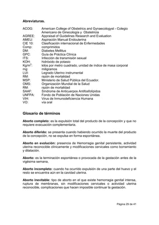 Página 29 de 41
Abreviaturas.
ACOG: American College of Obstetrics and Gynaecologyst - Colegio
Americano de Ginecología y Obstetricia
AGREE: Appraisal of Guidelines Research and Evaluation
AMEU: Aspiración Manual Endouterina
CIE 10: Clasificación internacional de Enfermedades
Comp: comprimidos
DM: Diabetes Mellitus
GPC: Guía de Práctica Clínica
ITS: Infección de transmisión sexual
KOH: hidróxido de potasio
Kg/m2
: kilos por metro cuadrado, unidad de índice de masa corporal
mg: miligramos
LUI: Legrado Uterino instrumental
RM: razón de mortalidad
MSP: Ministerio de Salud Pública del Ecuador.
OMS: Organización Mundial de la Salud
RM: razón de mortalidad
SAAF: Síndrome de Anticuerpos Antifosfolípidos
UNFPA: Fondo de Población de Naciones Unidas
VIH: Virus de Inmunodeficiencia Humana
VO: vía oral
Glosario de términos
Aborto completo: es la expulsión total del producto de la concepción y que no
requiere evacuación complementaria.
Aborto diferido: se presenta cuando habiendo ocurrido la muerte del producto
de la concepción, no se expulsa en forma espontánea.
Aborto en evolución: presencia de Hemorragia genital persistente, actividad
uterina reconocible clínicamente y modificaciones cervicales como borramiento
y dilatación.
Aborto: es la terminación espontánea o provocada de la gestación antes de la
vigésima semana,
Aborto incompleto: cuando ha ocurrido expulsión de una parte del huevo y el
resto se encuentra aún en la cavidad uterina.
Aborto inevitable: tipo de aborto en el que existe hemorragia genital intensa,
ruptura de membranas, sin modificaciones cervicales o actividad uterina
reconocible, complicaciones que hacen imposible continuar la gestación.
 