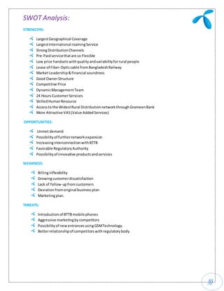 10
SWOT Analysis:
STRENGTHS:
LargestGeographical Coverage
LargestInternational roamingService
StrongDistributionChannels
Pre-Paidservicethatare so Flexible
Low price handsetswithqualityandvariabilityforrural people
Lease of Fiber-Opticcable fromBangladeshRailway
Market Leadership&financial soundness
Good OwnerStructure
Competitive Price
DynamicManagementTeam
24 Hours CustomerServices
SkilledHumanResource
Accessto the WidestRural DistributionnetworkthroughGrameenBank
More Attractive VAS(Value AddedServices)
OPPORTUNITIES:
Unmet demand
Possibilityof furthernetworkexpansion
IncreasinginterconnectionwithBTTB
Favorable RegulatoryAuthority
Possibilityof innovative productsandservices
WEAKNESS:
Billinginflexibility
Growingcustomerdissatisfaction
Lack of follow-upfromcustomers
Deviationfromoriginal businessplan
Marketingplan.
THREATS:
Introduction of BTTB mobile phones
Aggressive marketingbycompetitors
Possibilityof newentrancesusingGSMTechnology.
Betterrelationshipof competitorswithregulatorybody.
 