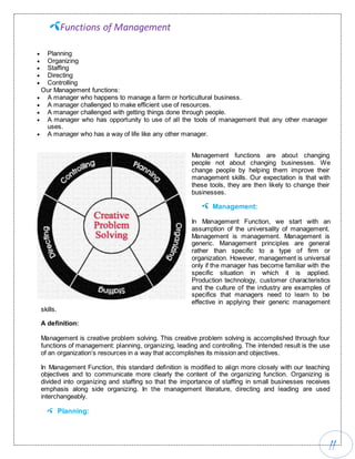 11
Functions of Management
 Planning
 Organizing
 Staffing
 Directing
 Controlling
Our Management functions:
 A manager who happens to manage a farm or horticultural business.
 A manager challenged to make efficient use of resources.
 A manager challenged with getting things done through people.
 A manager who has opportunity to use of all the tools of management that any other manager
uses.
 A manager who has a way of life like any other manager.
Management functions are about changing
people not about changing businesses. We
change people by helping them improve their
management skills. Our expectation is that with
these tools, they are then likely to change their
businesses.
Management:
In Management Function, we start with an
assumption of the universality of management.
Management is management. Management is
generic. Management principles are general
rather than specific to a type of firm or
organization. However, management is universal
only if the manager has become familiar with the
specific situation in which it is applied.
Production technology, customer characteristics
and the culture of the industry are examples of
specifics that managers need to learn to be
effective in applying their generic management
skills.
A definition:
Management is creative problem solving. This creative problem solving is accomplished through four
functions of management: planning, organizing, leading and controlling. The intended result is the use
of an organization’s resources in a way that accomplishes its mission and objectives.
In Management Function, this standard definition is modified to align more closely with our teaching
objectives and to communicate more clearly the content of the organizing function. Organizing is
divided into organizing and staffing so that the importance of staffing in small businesses receives
emphasis along side organizing. In the management literature, directing and leading are used
interchangeably.
Planning:
 