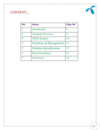 3
CONTENT…
No: Name Page No
1 Introduction 4
2 Company Overview 4
3 SWOT Analysis 10
4 Functions of Management 11
5 Problem Identification 13
6 Recommendation 14
7 Conclusion 14
 