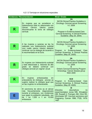 4.2.1.3 Tamizaje en situaciones especiales

Evidencia / Recomendación                              Nivel / Grado
                                                                        2A
                                                         NCCN Clinical Practice Guideline in
             En mujeres que se sometieron a             Oncology- Cervical cancer Screening.
             histerectomía total no relacionada con                 V.I. 2009
             Cáncer     Cérvico    Uterino    puede
    R        discontinuarse la toma de citología                         BI
             cervical.                                   Program in Evidence-based Care
                                                       Cervical Screening: A Clinical Practice
                                                             Guideline. (May 20, 2005)

                                                                          2A
                                                         NCCN Clinical Practice Guideline in
             A las mujeres a quienes se les ha          Oncology- Cervical cancer Screening.
    R        realizado una histerectomía subtotal                     V.I. 2009
             (con cuello uterino intacto) deberán                         BI
             continuar con la citología de acuerdo a   Program in Evidence-based Care
             lo recomendado en la Guía.                Cervical Screening: A Clinical Practice
                                                       Guideline. (May 20, 2005)

                                                                         2A
                                                         NCCN Clinical Practice Guideline in
             En mujeres con histerectomía subtotal      Oncology- Cervical cancer Screening.
    R        y total relacionada a lesiones de alto
             grado se deberá continuar con
                                                                     V.I. 2009
                                                                          C
             citología cervical y/o vaginal anual.      Ontario Cervical Screening Program
                                                         Ginecology Cancer disease group
                                                                    NGC 2005

             En     mujeres     embarazadas       sin
    R        antecedente de citologías previas se
                                                                       B-III
                                                      Program in Evidence-based Care
             sugiere realizar la citología igual que
                                                      Cervical Screening: A Clinical Practice
             en las mujeres no embarazadas.
                                                      Guideline. (May 20, 2005)
                                                                         III
             El carcinoma de cérvix es el cáncer
                                                       (Estudios       descriptivos       no
             más frecuentemente diagnosticado
                                                       experimentales) Jones WB, Shingleton
             durante el embarazo, con incidencias
                                                       HM, Russell A, Fremgen AM, Clive RE,
    E        que según la población estudiada, van
             de 1 en 1.200 a 1 en 10.000
                                                       Winchester DP. Cervical carcinoma and
                                                       Pregnancy. Cancer 1996; 77(8): 1479-
             embarazos.
                                                       1487




                                                                                        18
 