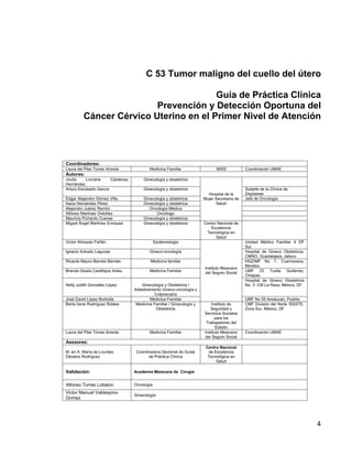 C 53 Tumor maligno del cuello del útero

                                        Guía de Práctica Clínica
                          Prevención y Detección Oportuna del
          Cáncer Cérvico Uterino en el Primer Nivel de Atención




Coordinadores:
Laura del Pilar Torres Arreola            Medicina Familiar                  IMSS            Coordinación UMAE
Autores:
Jovita     Lorraine    Cárdenas        Ginecología y obstetricia
Hernández
Arturo Escobedo García                 Ginecología y obstetricia                             Subjefe de la Clínica de
                                                                         Hospital de la      Displasias
Edgar Alejandro Gómez Villa            Ginecología y obstetricia       Mujer Secretaría de   Jefe de Oncología
Iliana Hernández Pérez                 Ginecología y obstetricia             Salud
Alejandro Juárez Ramiro                   Oncología Médica
Alfonso Martínez Ordoñez                      Oncólogo
Mauricio Pichardo Cuevas               Ginecología y obstetricia
Miguel Ángel Martínez Enríquez         Ginecología y obstetricia       Centro Nacional de
                                                                          Excelencia
                                                                        Tecnológica en
                                                                             Salud
Víctor Almazán Farfán                         Epidemiologia                                  Unidad Médico Familiar 4 DF
                                                                                             Sur
Ignacio Arévalo Lagunas                   Gineco-oncología                                   Hospital de Gineco Obstetricia,
                                                                                             CMNO, Guadalajara, Jalisco
Ricardo Mauro Barreto Barreto             Medicina familiar                                  HGZ/MF No 1, Cuernavaca,
                                                                                             Morelos
                                                                       Instituto Mexicano
Brenda Gisela Castillejos Anleu           Medicina Familiar                                  UMF 23 Tuxtla Gutiérrez,
                                                                       del Seguro Social
                                                                                             Chiapas
                                                                                             Hospital de Gineco Obstetricia
Nelly Judith González López           Ginecología y Obstetricia /                            No. 3 CM La Raza, México, DF
                                  Adiestramiento Gineco-oncología y
                                             Colposcopía
José David López Borbolla                 Medicina Familiar                                  UMF No 55 Amalucan, Puebla
Berta Irene Rodríguez Robles       Medicina Familiar / Ginecología y       Instituto de      CMF División del Norte ISSSTE,
                                              Obstetricia                 Seguridad y        Zona Sur, México, DF
                                                                       Servicios Sociales
                                                                             para los
                                                                        Trabajadores del
                                                                              Estado
Laura del Pilar Torres Arreola            Medicina Familiar            Instituto Mexicano    Coordinación UMAE
                                                                       del Seguro Social
Asesores:
                                                                        Centro Nacional
M. en A. María de Lourdes          Coordinadora Sectorial de Guías       de Excelencia
Dávalos Rodríguez                        de Práctica Clínica             Tecnológica en
                                                                             Salud

Validación:                       Academia Mexicana de Cirugía


Alfonso Torres Lobaton            Oncología
Victor Manuel Valdespino
                                  Ginecología
Gomez




                                                                                                                               4
 
