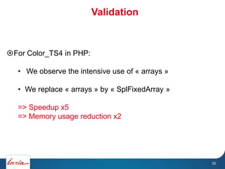 Validation
20
For Color_TS4 in PHP:
• We observe the intensive use of « arrays »
• We replace « arrays » by « SplFixedArray »
=> Speedup x5
=> Memory usage reduction x2
 