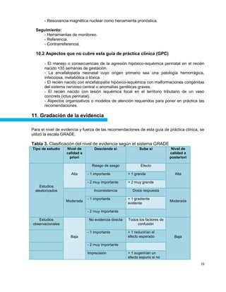 19
- Resonancia magnética nuclear como herramienta pronóstica.
Seguimiento:
- Herramientas de monitoreo.
- Referencia.
- Contrarreferencia.
10.2 Aspectos que no cubre esta guía de práctica clínica (GPC)
- El manejo o consecuencias de la agresión hipóxico-isquémica perinatal en el recién
nacido <35 semanas de gestación.
- La encefalopatía neonatal cuyo origen primario sea una patología hemorrágica,
infecciosa, metabólica o tóxica.
- El recién nacido con encefalopatía hipóxico-isquémica con malformaciones congénitas
del sistema nervioso central o anomalías genéticas graves.
- El recién nacido con lesión isquémica focal en el territorio tributario de un vaso
concreto (ictus perinatal).
- Aspectos organizativos o modelos de atención requeridos para poner en práctica las
recomendaciones.
11. Gradación de la evidencia
Para el nivel de evidencia y fuerza de las recomendaciones de esta guía de práctica clínica, se
utilizó la escala GRADE.
Tabla 3. Clasificación del nivel de evidencia según el sistema GRADE
Tipo de estudio Nivel de
calidad a
priori
Desciende si Sube si Nivel de
calidad a
posteriori
Estudios
aleatorizados
Alta
Riesgo de sesgo Efecto
Alta- 1 importante + 1 grande
- 2 muy importante + 2 muy grande
Moderada
Inconsistencia Dosis respuesta
Moderada
- 1 importante + 1 gradiente
evidente
- 2 muy importante
Estudios
observacionales
Baja
No evidencia directa Todos los factores de
confusión
Baja
- 1 importante + 1 reducirían el
efecto esperado
- 2 muy importante
Imprecisión + 1 sugerirían un
efecto espurio si no
 