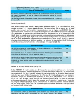 35
- Neurofisiología (aEEG, EEG, VEEG).
- Equipo multidisciplinario y capacitado en protocolos de manejo.
Punto de buena práctica Grado
No se debe realizar el tratamiento con terapia de hipotermia sin conocer el protocolo
de manera adecuada, ya que al hacerlo incorrectamente pierde su función
neuroprotectora.
√
Se recomienda estar actualizados sobre el patrón de presentación del EEG/aEEG
(ver anexo 7).
√
Sedación y analgesia
Los recién nacidos con asfixia y EHI pueden presentar estrés y es una necesidad ética
aliviarlo.(26,82)(E 2b) Estudios experimentales han demostrado que el estrés y/o el dolor
pueden contrarrestar los beneficios neuroprotectores de la hipotermia.(83,84)(E 3b) Los
opioides elevan la adenosina, un nucleósido endógeno con actividad neuroprotectora.(85,86)(E
2c) La sedación en los neonatos aumenta la eficacia neuroprotectora de la hipotermia.(87)(E
3b) El dolor no tratado en el período neonatal puede ocasionar consecuencias perjudiciales a
corto y largo plazo.(88,89)(E 3b) Durante el tratamiento con hipotermia se produce disminución
de las enzimas responsables del metabolismo de los fármacos en el hígado, se reduce además
el aclaramiento dependiente del flujo hepático y el volumen de distribución.(90) En la fase de
recalentamiento aumenta la afinidad del opioide por el receptor.(83)(E 3b)
Recomendaciones Grado
Se recomienda sedación y/o analgesia a los recién nacidos con EHI que requieren
ventilación asistida e hipotermia.(26,82,91)
R B
Se recomienda el uso de morfina o fentanilo para evitar el estrés y episodios de dolor
y disconfort del neonato con EHI,(87) según el anexo 12.
R B
Se recomienda reducción a la mitad de la dosis estándar de sedación en condiciones
de hipotermia debido a los cambios farmacocinéticos y/o fármacodinámicos. En
ocasiones de estrés térmico puede ser necesario administrar una dosis superior a la
estándar.(22)
R B
Manejo de las convulsiones en el RN con EHI
Entre el 50-60% de recién nacidos con EHI presentan convulsiones clínicas con o sin registro
electroencefalográfico, durante las primeras 6-12 horas de vida.(92–94)(E 3b) Las convulsiones
neonatales en la EHI son a menudo sutiles o clínicamente difíciles de reconocer. Estudios más
recientes que usan EEG en la evaluación de niños con EHI moderada-grave y que recibieron
hipotermia terapéutica identificaron el momento de inicio de la actividad del EEG a las 11-22
horas(95) y en algunos casos después del recalentamiento.(96)(E 3b) Las convulsiones
prolongadas agravan la lesión isquémica cerebral en el neonato y ocasionan un desarrollo
neurológico deficiente.(2)(96)(E 3b) La administración de fenobarbital en las primeras 6 horas
de vida en el recién nacido con EHI moderada-grave no reduce la muerte o discapacidad a
corto plazo.(54)(E Calidad baja)
Recomendaciones Grado
Se recomienda utilizar el fenobarbital como fármaco de primera línea para
tratamiento de las crisis convulsivas de los recién nacidos con asfixia
R B
 