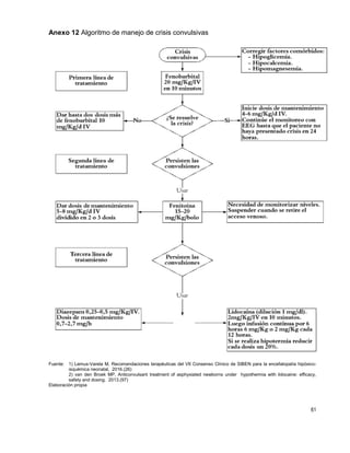 61
Anexo 12 Algoritmo de manejo de crisis convulsivas
Fuente: 1) Lemus-Varela M, Recomendaciones terapéuticas del VII Consenso Clínico de SIBEN para la encefalopatía hipóxico-
isquémica neonatal, 2016.(26)
2) van den Broek MP, Anticonvulsant treatment of asphyxiated newborns under hypothermia with lidocaine: efficacy,
safety and dosing. 2013.(97)
Elaboración propia
 