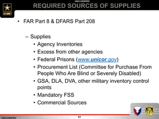 UNCLASSIFIED
UNCLASSIFIED
REQUIRED SOURCES OF SUPPLIES
51
• FAR Part 8 & DFARS Part 208
– Supplies
• Agency Inventories
• Excess from other agencies
• Federal Prisons (www.unicor.gov)
• Procurement List (Committee for Purchase From
People Who Are Blind or Severely Disabled)
• GSA, DLA, DVA, other military inventory control
points
• Mandatory FSS
• Commercial Sources
 