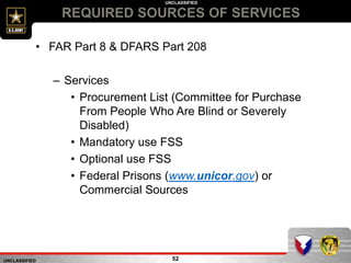UNCLASSIFIED
UNCLASSIFIED
REQUIRED SOURCES OF SERVICES
52
• FAR Part 8 & DFARS Part 208
– Services
• Procurement List (Committee for Purchase
From People Who Are Blind or Severely
Disabled)
• Mandatory use FSS
• Optional use FSS
• Federal Prisons (www.unicor.gov) or
Commercial Sources
 