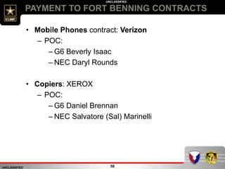 UNCLASSIFIED
UNCLASSIFIED
PAYMENT TO FORT BENNING CONTRACTS
56
• Mobile Phones contract: Verizon
– POC:
– G6 Beverly Isaac
– NEC Daryl Rounds
• Copiers: XEROX
– POC:
– G6 Daniel Brennan
– NEC Salvatore (Sal) Marinelli
 