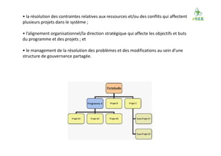 • la résolution des contraintes relatives aux ressources et/ou des conflits qui affectent
plusieurs projets dans le système ;
• l’alignement organisationnel/la direction stratégique qui affecte les objectifs et buts
du programme et des projets ; et
• le management de la résolution des problèmes et des modifications au sein d’une
structure de gouvernance partagée.
 