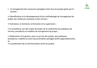 • le management des ressources partagées entre tous les projets gérés par le
bureau ;
• l’identification et le développement d’une méthodologie de management de
projet, des meilleures pratiques et des normes ;
• l’animation, le mentorat, la formation et la supervision ;
• la surveillance, par des audits de projet, de la conformité aux politiques de
normes, procédures et modèles de management de projet ;
• l’élaboration et la gestion, pour ce qui est des projets, des politiques,
procédures, modèles et autre documentation partagée (actifs organisationnels) ;
et
• la coordination de la communication entre les projets
 