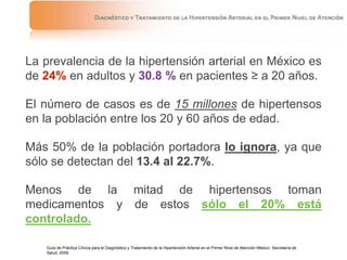 La prevalencia de la hipertensión arterial en México es
de 24% en adultos y 30.8 % en pacientes ≥ a 20 años.
El número de casos es de 15 millones de hipertensos
en la población entre los 20 y 60 años de edad.
Más 50% de la población portadora lo ignora, ya que
sólo se detectan del 13.4 al 22.7%.
Menos de la mitad de hipertensos toman
medicamentos y de estos sólo el 20% está
controlado.
Guía de Práctica Clínica para el Diagnóstico y Tratamiento de la Hipertensión Arterial en el Primer Nivel de Atención México: Secretaría de
Salud, 2009.
 