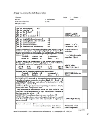 67
Anexo 16. Minimental State Examination
Modificado de: Folstein, B (1975), Neuropsicología, MINI MENTAL STATE EXAMINATION, 1999.(116)
 