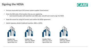 Signing the NDSA
• First you must select your GP Connect system supplier (CareLineLive).​
• Enter the ODS code of the location that you are registering.
• Each branch/location will need their own ODS code, and will each need to sign the NDSA
• State the reason for using GP Connect and confirm the NDSA agreement.​
• Submit signatory details (Caldicott Guardian, SIRO, or DPO).
Location One
ODS Code: AAAAA
Signed NDSA: Yes
Location Two
ODS Code: BBBBB
Signed NDSA: Yes
Location Three
ODS Code: CCCCC
Signed NDSA: Yes
Location Four
ODS Code: DDDDD
Signed NDSA: Yes
 