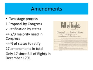 Amendments
• Two stage process
1 Proposal by Congress
2 Ratification by states
=> 2/3 majority need in
Congress
=> ¾ of states to ratify
27 amendments in total
Only 17 since Bill of Rights in
December 1791
 