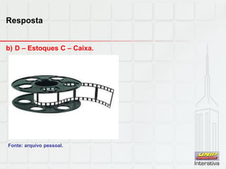 Resposta
b) D – Estoques C – Caixa.
Fonte: arquivo pessoal.
 