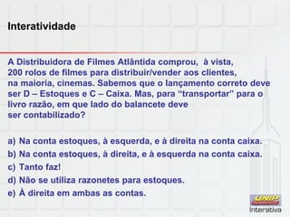 Interatividade
A Distribuidora de Filmes Atlântida comprou, à vista,
200 rolos de filmes para distribuir/vender aos clientes,
na maioria, cinemas. Sabemos que o lançamento correto deve
ser D – Estoques e C – Caixa. Mas, para “transportar” para o
livro razão, em que lado do balancete deve
ser contabilizado?
a) Na conta estoques, à esquerda, e à direita na conta caixa.
b) Na conta estoques, à direita, e à esquerda na conta caixa.
c) Tanto faz!
d) Não se utiliza razonetes para estoques.
e) À direita em ambas as contas.
 