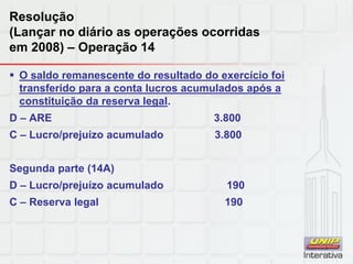 Resolução
(Lançar no diário as operações ocorridas
em 2008) – Operação 14
 O saldo remanescente do resultado do exercício foi
transferido para a conta lucros acumulados após a
constituição da reserva legal.
D – ARE 3.800
C – Lucro/prejuízo acumulado 3.800
Segunda parte (14A)
D – Lucro/prejuízo acumulado 190
C – Reserva legal 190
 