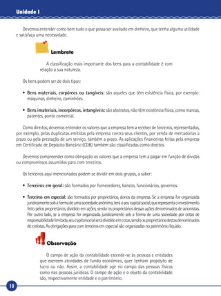 10
Unidade I
Devemos entender como bem tudo o que possa ser avaliado em dinheiro, que tenha alguma utilidade
e satisfaça uma necessidade.
Lembrete
A classificação mais importante dos bens para a contabilidade é com
relação a sua natureza.
Os bens podem ser de dois tipos:
•	 Bens materiais, corpóreos ou tangíveis: são aqueles que têm existência física, por exemplo:
máquinas, dinheiro, caminhões.
•	 Bens imateriais, incorpóreos, intangíveis: são abstratos, não têm existência física, como marcas,
patentes, ponto comercial.
Como direitos, devemos entender os valores que a empresa tem a receber de terceiros, representados,
por exemplo, pelas duplicatas emitidas pela empresa contra seus clientes, por venda de mercadorias a
prazo ou pela prestação de um serviço, também a prazo. As aplicações financeiras feitas pela empresa
em Certificado de Depósito Bancário (CDB) também são classificadas como direitos.
Devemos compreender como obrigação os valores que a empresa tem a pagar em função de dívidas
ou compromissos assumidos para com terceiros.
Os terceiros aqui mencionados podem se dividir em dois grupos, a saber:
•	 Terceiros em geral: são formados por fornecedores, bancos, funcionários, governos.
•	 Terceiros em especial: são formados por proprietários, donos da empresa. Se a empresa for organizada
juridicamentesobaformadeumasociedadeanônima,teráoseucapitalsocial,querepresentaoinvestimento
feito pelos proprietários, dividido em ações, sendo os proprietários dessas ações denominados de acionistas.
Por outro lado, se a empresa for organizada juridicamente sob a forma de uma sociedade por cotas de
responsabilidadelimitada,seucapitalsocialserádivididoemcotas,sendoosproprietáriosdestasdenominados
de cotistas. As obrigações para com terceiros em especial são organizadas no patrimônio líquido.
Observação
O campo de ação da contabilidade estende-se às pessoas e entidades
que exercem atividades de fundo econômico, quer tenham propósito de
lucro ou não. Assim, a contabilidade age no campo das pessoas físicas
como nas pessoas jurídicas. O campo de ação e o objeto da contabilidade
são, respectivamente entidade e o patrimônio.
 