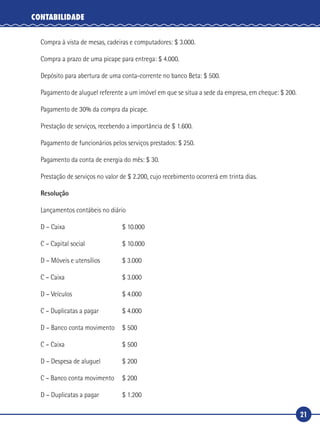 21
CONTABILIDADE
Compra à vista de mesas, cadeiras e computadores: $ 3.000.
Compra a prazo de uma picape para entrega: $ 4.000.
Depósito para abertura de uma conta-corrente no banco Beta: $ 500.
Pagamento de aluguel referente a um imóvel em que se situa a sede da empresa, em cheque: $ 200.
Pagamento de 30% da compra da picape.
Prestação de serviços, recebendo a importância de $ 1.600.
Pagamento de funcionários pelos serviços prestados: $ 250.
Pagamento da conta de energia do mês: $ 30.
Prestação de serviços no valor de $ 2.200, cujo recebimento ocorrerá em trinta dias.
Resolução
Lançamentos contábeis no diário
D – Caixa	 $ 10.000
C – Capital social	 $ 10.000
D – Móveis e utensílios	 $ 3.000
C – Caixa	 $ 3.000
D – Veículos	 $ 4.000
C – Duplicatas a pagar	 $ 4.000
D – Banco conta movimento	 $ 500
C – Caixa	 $ 500
D – Despesa de aluguel	 $ 200
C – Banco conta movimento	 $ 200
D – Duplicatas a pagar	 $ 1.200
 