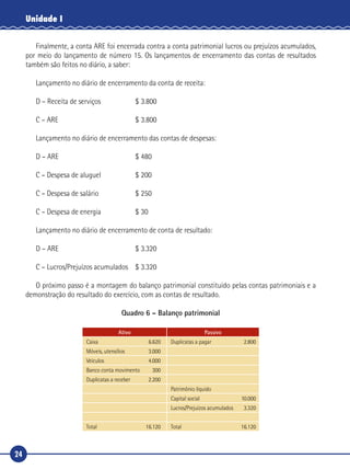24
Unidade I
Finalmente, a conta ARE foi encerrada contra a conta patrimonial lucros ou prejuízos acumulados,
por meio do lançamento de número 15. Os lançamentos de encerramento das contas de resultados
também são feitos no diário, a saber: 	
Lançamento no diário de encerramento da conta de receita:
D – Receita de serviços	 $ 3.800
C – ARE	 $ 3.800
Lançamento no diário de encerramento das contas de despesas:
D – ARE 	 $ 480
C – Despesa de aluguel	 $ 200
C – Despesa de salário	 $ 250
C – Despesa de energia	 $ 30
Lançamento no diário de encerramento de conta de resultado:
D – ARE	 $ 3.320
C – Lucros/Prejuízos acumulados	 $ 3.320
O próximo passo é a montagem do balanço patrimonial constituído pelas contas patrimoniais e a
demonstração do resultado do exercício, com as contas de resultado.
Quadro 6 – Balanço patrimonial
Ativo Passivo
Caixa	6.620 Duplicatas a pagar	 2.800
Móveis, utensílios	 3.000
Veículos	4.000
Banco conta movimento	 300
Duplicatas a receber	 2.200
Patrimônio líquido
Capital social	 10.000
Lucros/Prejuízos acumulados	 3.320
Total	16.120 Total	16.120
 