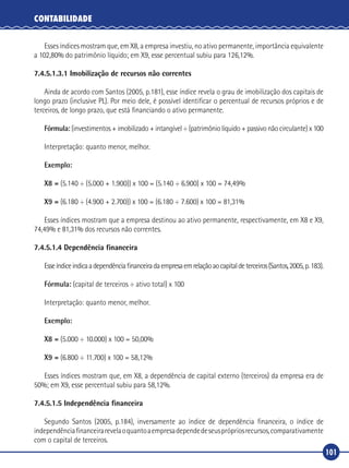 101
CONTABILIDADE
Esses índices mostram que, em X8, a empresa investiu, no ativo permanente, importância equivalente
a 102,80% do patrimônio líquido; em X9, esse percentual subiu para 126,12%.
7.4.5.1.3.1 Imobilização de recursos não correntes
Ainda de acordo com Santos (2005, p.181), esse índice revela o grau de imobilização dos capitais de
longo prazo (inclusive PL). Por meio dele, é possível identificar o percentual de recursos próprios e de
terceiros, de longo prazo, que está financiando o ativo permanente.
Fórmula: (investimentos + imobilizado + intangível ÷ (patrimônio líquido + passivo não circulante) x 100
Interpretação: quanto menor, melhor.
Exemplo:
X8 = (5.140 ÷ (5.000 + 1.900)) x 100 = (5.140 ÷ 6.900) x 100 = 74,49%
X9 = (6.180 ÷ (4.900 + 2.700)) x 100 = (6.180 ÷ 7.600) x 100 = 81,31%
Esses índices mostram que a empresa destinou ao ativo permanente, respectivamente, em X8 e X9,
74,49% e 81,31% dos recursos não correntes.
7.4.5.1.4 Dependência financeira
Esseíndiceindicaadependênciafinanceiradaempresaemrelaçãoaocapitaldeterceiros(Santos,2005,p.183).
Fórmula: (capital de terceiros ÷ ativo total) x 100
Interpretação: quanto menor, melhor.
Exemplo:
X8 = (5.000 ÷ 10.000) x 100 = 50,00%
X9 = (6.800 ÷ 11.700) x 100 = 58,12%
Esses índices mostram que, em X8, a dependência de capital externo (terceiros) da empresa era de
50%; em X9, esse percentual subiu para 58,12%.
7.4.5.1.5 Independência financeira
Segundo Santos (2005, p.184), inversamente ao índice de dependência financeira, o índice de
independênciafinanceirarevelaoquantoaempresadependedeseusprópriosrecursos,comparativamente
com o capital de terceiros.
 