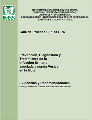 1
Guía de Práctica Clínica GPC
Prevención, Diagnóstico y
Tratamiento de la
Infección Urinaria
asociada a sonda Vesical
en la Mujer
Evidencias y Recomendaciones
Catálogo Maestro de Guías de Práctica Clínica: IMSS-472-11
 