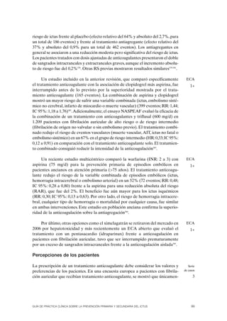 riesgo de ictus frente al placebo (efecto relativo del 64% y absoluto del 2,7%, para
un total de 186 eventos) y frente al tratamiento antiagregante (efecto relativo del
37% y absoluto del 0,9% para un total de 462 eventos). Los antiagregantes en
general se asociaron a una reducción modesta pero significativa del riesgo de ictus.
Los pacientes tratados con dosis ajustadas de anticoagulantes presentaron el doble
de sangrados intracraneales y extracraneales graves, aunque el incremento absolu-
to de riesgo fue del 0,2%378. Otras RS previas mostraron resultados similares379-381.

      Un estudio incluido en la anterior revisión, que comparó específicamente           ECA
el tratamiento anticoagulante con la asociación de clopidogrel más aspirina, fue            1+
interrumpido antes de lo previsto por la superioridad mostrada por el trata-
miento anticoagulante (165 eventos). La combinación de aspirina y clopidogrel
mostró un mayor riesgo de sufrir una variable combinada (ictus, embolismo sisté-
mico no cerebral, infarto de miocardio o muerte vascular) (399 eventos; RR: 1,44;
IC 95%: 1,18 a 1,76)382. Adicionalmente, el ensayo NASPEAF evaluó la eficacia de
la combinación de un tratamiento con anticoagulantes y triflusal (600 mg/d) en
1.209 pacientes con fibrilación auricular de alto riesgo o de riesgo intermedio
(fibrilación de origen no valvular o sin embolismo previo). El tratamiento combi-
nado redujo el riesgo de eventos vasculares (muerte vascular, AIT, ictus no fatal o
embolismo sistémico) en un 67% en el grupo de riesgo intermedio (HR: 0,33; IC 95%:
0,12 a 0,91) en comparación con el tratamiento anticoagulante solo. El tratamien-
to combinado consiguió reducir la intensidad de la anticoagulación383.

     Un reciente estudio multicéntrico comparó la warfarina (INR: 2 a 3) con             ECA
aspirina (75 mg/d) para la prevención primaria de episodios embólicos en                    1+
pacientes ancianos en atención primaria (>75 años). El tratamiento anticoagu-
lante redujo el riesgo de la variable combinada de episodios embólicos (ictus,
hemorragia intracerebral o embolismo arterial) en un 52% (72 eventos; RR: 0,48;
IC 95%: 0,28 a 0,80) frente a la aspirina para una reducción absoluta del riesgo
(RAR), que fue del 2%. El beneficio fue aún mayor para los ictus isquémicos
(RR: 0,30; IC 95%: 0,13 a 0,63). Por otro lado, el riesgo de hemorragia intracere-
bral, cualquier tipo de hemorragia o mortalidad por cualquier causa, fue similar
en ambas intervenciones. Este estudio en población anciana confirma la superio-
ridad de la anticoagulación sobre la antiagregación384.

     Por último, otras opciones como el ximelagatrán se retiraron del mercado en         ECA
2006 por hepatotoxicidad y más recientemente un ECA abierto que evaluó el                   1+
tratamiento con un pentasacardio (idraparinux) frente a anticoagulación en
pacientes con fibrilación auricular, tuvo que ser interrumpido prematuramente
por un exceso de sangrados intracraneales frente a la anticoagulación aislada385.

Percepciones de los pacientes

La prescripción de un tratamiento anticoagulante debe considerar los valores y             Serie
preferencias de los pacientes. En una encuesta europea a pacientes con fibrila-         de casos

ción auricular que recibían tratamiento anticoagulante, se mostró que únicamen-               3




GUÍA DE PRÁCTICA CLÍNICA SOBRE LA PREVENCIÓN PRIMARIA Y SECUNDARIA DEL ICTUS                 99
 