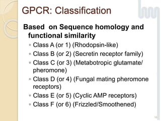 GPCR: Classification
Based on Sequence homology and
functional similarity
◦ Class A (or 1) (Rhodopsin-like)
◦ Class B (or 2) (Secretin receptor family)
◦ Class C (or 3) (Metabotropic glutamate/
pheromone)
◦ Class D (or 4) (Fungal mating pheromone
receptors)
◦ Class E (or 5) (Cyclic AMP receptors)
◦ Class F (or 6) (Frizzled/Smoothened)
16
 