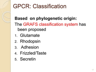 Based on phylogenetic origin:
The GRAFS classification system has
been proposed
1. Glutamate
2. Rhodopsin
3. Adhesion
4. Frizzled/Taste
5. Secretin
17
GPCR: Classification
 