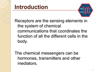 Introduction
3
Receptors are the sensing elements in
the system of chemical
communications that coordinates the
function of all the different cells in the
body.
The chemical messengers can be
hormones, transmitters and other
mediators.
 