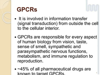 GPCRs
 It is involved in information transfer
(signal transduction) from outside the cell
to the cellular interior.
 GPCRs are responsible for every aspect
of human biology from vision, taste,
sense of smell, sympathetic and
parasympathetic nervous functions,
metabolism, and immune regulation to
reproduction.
 ~45% of all pharmaceutical drugs are
6
 