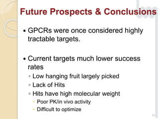  GPCRs were once considered highly
tractable targets.
 Current targets much lower success
rates
◦ Low hanging fruit largely picked
◦ Lack of Hits
◦ Hits have high molecular weight
 Poor PK/in vivo activity
 Difficult to optimize
81
Future Prospects & Conclusions
 