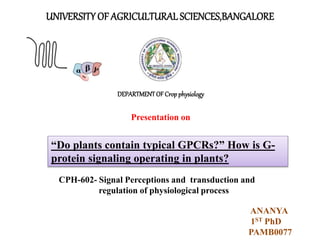 UNIVERSITY OF AGRICULTURALSCIENCES,BANGALORE
Presentation on
DEPARTMENTOF Cropphysiology
CPH-602- Signal Perceptions and transduction and
regulation of physiological process
ANANYA
1ST PhD
PAMB0077
“Do plants contain typical GPCRs?” How is G-
protein signaling operating in plants?
 