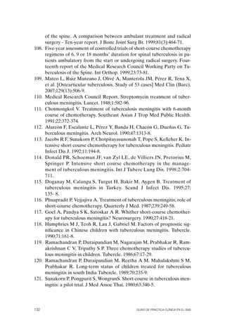 of the spine. A comparison between ambulant treatment and radical
       surgery - Ten-year report. J Bone Joint Surg Br. 1999;81(3):464-71.
108.   Five-year assessment of controlled trials of short-course chemotherapy
       regimens of 6, 9 or 18 months’ duration for spinal tuberculosis in pa-
       tients ambulatory from the start or undergoing radical surgery. Four-
       teenth report of the Medical Research Council Working Party on Tu-
       berculosis of the Spine. Int orthop. 1999;23:73-81.
109.   Mateo L, Ruiz Manzano J, olivé A, Manterola JM, Pérez R, Tena X,
       et al. [ostearticular tuberculosis. Study of 53 cases] Med Clin (Barc).
       2007;129(13):506-9.
110.   Medical Research Council Report. Streptomycin treatment of tuber-
       culous meningitis. Lancet. 1948;1:582-96.
111.   Chotmongkol V. Treatment of tuberculosis meningitis with 6-month
       course of chemotherapy. Southeast Asian J Trop Med Public Health.
       1991;22:372-374.
112.   Alarcón F, Escalante L, Pérez Y, Banda H, Chacón G, Dueñas G. Tu-
       berculous meningitis. Arch Neurol. 1990;47:1313-8.
113.   Jacobs R F, Sunakorn P, Chotpitayasunonah T, Pope S, Kelleher K. In-
       tensive short course chemotherapy for tuberculous meningitis. Pediatr
       Infect Dis J. 1992;11:194-8.
114.   Donald PR, Schoeman JF, van Zyl LE, de Villiers JN, Pretorius M,
       Springer P. Intensive short course chemotherapy in the manage-
       ment of tuberculous meningitis. Int J Tuberc Lung Dis. 1998;2:704-
       711.
115.   Doganay M, Calangu S, Turgut H, Bakir M, Aygen B. Treatment of
       tuberculous meningitis in Turkey. Scand J Infect Dis. 1995;27:
       135- 8.
116.   Phuapradit P, Vejjajiva A. Treatment of tuberculous meningitis; role of
       short-course chemotherapy. Quarterly J Med. 1987;239:249-58.
117.   Goel A, Pandya S K, Satoskar A R. Whither short-course chemother-
       apy for tuberculous meningitis? Neurosurgery. 1990;27:418-21.
118.   Humphries M J, Teoh R, Lau J, Gabriel M. Factors of prognostic sig-
       nificance in Chinese children with tuberculous meningitis. Tubercle.
       1990;71:161-8.
119.   Ramachandran P, Duraipandian M, Nagarajan M, Prabhakar R, Ram-
       akrishnan C V, Tripathy S P. Three chemotherapy studies of tubercu-
       lous meningitis in children. Tubercle. 1986;67:17-29.
120.   Ramachandran P, Duraipandian M, Reetha A M, Mahalakshmi S M,
       Prabhakar R. Long-term status of children treated for tuberculous
       meningitis in south India Tubercle. 1989;70:235-9.
121.   Sunakorn P, Pongparit S, WongrunS. Short course in tuberculous men-
       ingitis: a pilot trial. J Med Assoc Thai. 1980;63:340-5.




132                                                Guías DE PráCtICa ClíNICa EN El sNs
 
