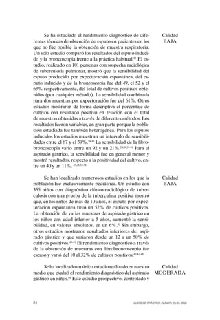 Se ha estudiado el rendimiento diagnóstico de dife-             Calidad
rentes técnicas de obtención de esputo en pacientes en los            BAJA
que no fue posible la obtención de muestra respiratoria.
Un solo estudio comparó los resultados del esputo induci-
do y la broncoscopia frente a la práctica habitual.23 El es-
tudio, realizado en 101 personas con sospecha radiológica
de tuberculosis pulmonar, mostró que la sensibilidad del
esputo producido por expectoración espontánea, del es-
puto inducido y de la broncoscopia fue del 49, el 52 y el
63% respectivamente, del total de cultivos positivos obte-
nidos (por cualquier método). La sensibilidad combinada
para dos muestras por expectoración fue del 61%. otros
estudios mostraron de forma descriptiva el porcentaje de
cultivos con resultado positivo en relación con el total
de muestras obtenidas a través de diferentes métodos. Los
resultados fueron variables, en gran parte porque la pobla-
ción estudiada fue también heterogénea. Para los esputos
inducidos los estudios muestran un intervalo de sensibili-
dades entre el 87 y el 39%.24-30 La sensibilidad de la fibro-
broncoscopia varió entre un 92 y un 21%.24,26,31-41 Para el
aspirado gástrico, la sensibilidad fue en general menor y
mostró resultados, respecto a la positividad del cultivo, en-
tre un 40 y un 11%. 25,28,33-34

      Se han localizado numerosos estudios en los que la              Calidad
población fue exclusivamente pediátrica. Un estudio con               BAJA
355 niños con diagnóstico clínico-radiológico de tuber-
culosis con una prueba de la tuberculina positiva mostró
que, en los niños de más de 10 años, el esputo por expec-
toración espontánea tuvo un 52% de cultivos positivos.
La obtención de varias muestras de aspirado gástrico en
los niños con edad inferior a 5 años, aumentó la sensi-
bilidad, en valores absolutos, en un 6%.42 Sin embargo,
otros estudios mostraron resultados inferiores del aspi-
rado gástrico y que variaron desde un 12 a un 50% de
cultivos positivos.43-49 El rendimiento diagnóstico a través
de la obtención de muestras con fibrobroncoscopio fue
escaso y varió del 10 al 32% de cultivos positivos.43,47-48

      Se ha localizado un único estudio realizado en nuestro       Calidad
medio que evaluó el rendimiento diagnóstico del aspirado         MoDERADA
gástrico en niños.44 Este estudio prospectivo, controlado y




24                                                  Guías DE PráCtICa ClíNICa EN El sNs
 