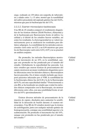 ciego, realizado en 139 niños con sospecha de tuberculo-
sis y edades entre 1 y 15 años, mostró que la sensibilidad
del cultivo procedente del aspirado gástrico fue del 32,6%,
mientras que para la baciloscopia fue del 13%.

2.2.2.2. Examen microscópico-baciloscopia
Una RS de 45 estudios comparó el rendimiento diagnós-
tico de las técnicas clásicas (Ziehl-Neelsen y Kinyoun) y
de la baciloscopia por fluorescencia frente al cultivo. La
calidad y el diseño de los estudios fueron variables, así
como los resultados. La heterogeneidad no se valoró nu-
méricamente pero se analizaron los resultados para dis-
tintos subgrupos. La sensibilidad de los métodos conven-
cionales varió entre un 0,32 y un 0,94 mientras que para
los de fluoroscopia varió entre 0,52 y 0,97 y no se practicó
un análisis conjunto.

      De promedio, los métodos fluoroscópicos mostra-          Calidad
ron un incremento de un 10% en la sensibilidad, aun-           BAJA
que este promedio no fue ponderado por el tamaño del
estudio. Globalmente la especificidad fue parecida. Los
siete estudios que usaron técnicas de procesamiento del
esputo mostraron un mejor rendimiento diagnóstico pero
las diferencias entre los métodos clásicos y fluoroscópicos
fueron parecidas. En el único estudio incluido que incor-
poró pacientes infectados por el VIH, la sensibilidad de
la baciloscopia clásica fue del 0,36 y la de la fluoroscopia
del 0,76, con una especificidad similar.50 Posteriormente a
esta RS, se ha localizado un estudio que evaluó los méto-
dos clásicos comparados con la fluoroscopia, sin mostrar
diferencias entre ellos, con una sensibilidad frente al cul-
tivo del 45% aproximadamente.51

     Existen diversos métodos de procesamiento de la           Calidad
muestra de esputo, diseñados para aumentar la sensibi-         BAJA
lidad de la detección de bacilos durante el examen mi-
croscópico. Una RS de 83 estudios mostró que la técnica
de centrifugación, junto con cualquier método químico de
homogeneización, consigue una sensibilidad superior a la
sedimentación. De promedio el incremento fue del 18%,
aunque este promedio no fue ponderado por el tamaño
del estudio.52



Guía DE PráCtICa ClíNICa sOBrE El DIaGNóstICO,
El trataMIENtO y la PrEvENCIóN DE la tuBErCulOsIs                        25
 