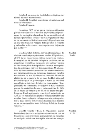 Estadio I: sin signos de focalidad neurológica o de-
terioro del nivel de consciencia
      Estadio II: focalidad neurológica y/o deterioro del
nivel de consciencia
      Estadio III: coma.

     No existen ECA en los que se comparen diferentes
pautas de tratamiento o duración en pacientes diagnosti-
cados de meningitis tuberculosa. La escasa evidencia al
respecto proviene de series de casos o pequeñas cohortes
de pacientes con las limitaciones metodológicas implícitas
en este tipo de diseño. Ninguno de los estudios es reciente
y todos ellos se llevaron a cabo en países con baja renta
per cápita.111-121

       Una RS evaluó de forma narrativa los resultados de      Calidad
diversos estudios que aportaron un total de 872 pacientes,     BAJA
el 75% de los cuales fueron niños o menores de 16 años.
La mayoría de los estudios incluyeron pacientes con un
diagnóstico probable de meningitis tuberculosa y menos
de una cuarta parte de los pacientes tuvieron un diagnós-
tico de certeza por cultivo o tinción positiva a M. tubercu-
losis. Se consideraron los estudios que mostraron resulta-
dos para tratamientos de 6 meses de duración y para los
tratamientos de más de 6 meses de duración. El estadio
clínico fue en la mayoría de los casos I o II al inicio del
tratamiento (con un grado mayor o menor de focalidad
neurológica o deterioro del nivel de consciencia). El se-
guimiento del tratamiento fue superior al 80% en ambas
pautas. La mortalidad durante el tratamiento fue del 16%
en las pautas de 6 meses y del 6% en las pautas más pro-
longadas. En el seguimiento posterior al tratamiento un
1,5% de los pacientes con pauta de 6 meses sufrieron una
recidiva frente a ninguno en las pautas más prolongadas.
No se pudo valorar con precisión la curación en muchos
de los pacientes debido a una deficiente definición de esta
variable.122

      Una RS reciente (7 ECA, 1.140 pacientes) evaluó          Calidad
la eficacia de los corticosteroides en combinación con un      ALTA
tratamiento antituberculoso convencional en pacientes
de cualquier edad con meningitis tuberculosa, compa-



Guía DE PráCtICa ClíNICa sOBrE El DIaGNóstICO,
El trataMIENtO y la PrEvENCIóN DE la tuBErCulOsIs                        55
 