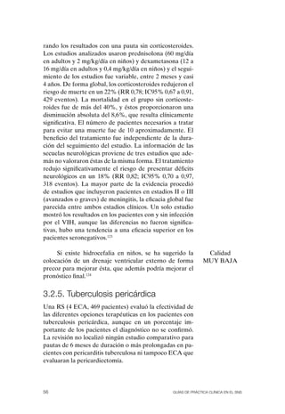rando los resultados con una pauta sin corticosteroides.
Los estudios analizados usaron prednisolona (60 mg/día
en adultos y 2 mg/kg/día en niños) y dexametasona (12 a
16 mg/día en adultos y 0,4 mg/kg/día en niños) y el segui-
miento de los estudios fue variable, entre 2 meses y casi
4 años. De forma global, los corticosteroides redujeron el
riesgo de muerte en un 22% (RR 0,78; IC95% 0,67 a 0,91,
429 eventos). La mortalidad en el grupo sin corticoste-
roides fue de más del 40%, y éstos proporcionaron una
disminución absoluta del 8,6%, que resulta clínicamente
significativa. El número de pacientes necesarios a tratar
para evitar una muerte fue de 10 aproximadamente. El
beneficio del tratamiento fue independiente de la dura-
ción del seguimiento del estudio. La información de las
secuelas neurológicas proviene de tres estudios que ade-
más no valoraron éstas de la misma forma. El tratamiento
redujo significativamente el riesgo de presentar déficits
neurológicos en un 18% (RR 0,82; IC95% 0,70 a 0,97,
318 eventos). La mayor parte de la evidencia procedió
de estudios que incluyeron pacientes en estadios II o III
(avanzados o graves) de meningitis, la eficacia global fue
parecida entre ambos estadios clínicos. Un solo estudio
mostró los resultados en los pacientes con y sin infección
por el VIH, aunque las diferencias no fueron significa-
tivas, hubo una tendencia a una eficacia superior en los
pacientes seronegativos.123

     Si existe hidrocefalia en niños, se ha sugerido la           Calidad
colocación de un drenaje ventricular externo de forma            MUY BAJA
precoz para mejorar ésta, que además podría mejorar el
pronóstico final.124


3.2.5. tuberculosis pericárdica
Una RS (4 ECA, 469 pacientes) evaluó la efectividad de
las diferentes opciones terapéuticas en los pacientes con
tuberculosis pericárdica, aunque en un porcentaje im-
portante de los pacientes el diagnóstico no se confirmó.
La revisión no localizó ningún estudio comparativo para
pautas de 6 meses de duración o más prolongadas en pa-
cientes con pericarditis tuberculosa ni tampoco ECA que
evaluaran la pericardiectomía.




56                                                Guías DE PráCtICa ClíNICa EN El sNs
 