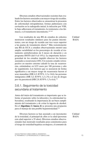 Diversos estudios observacionales recientes han eva-
luado los factores asociados a un mayor riesgo de recaídas.
Entre los factores observados se encuentran la presencia
de enfermedad extrapulmonar, formas pulmonares con
cavitación en la radiografía inicial, la infección por VIH,
la baja adherencia al tratamiento, la resistencia a los fár-
macos, o el tratamiento intermitente.163-169

      Los resultados de una RS de estudios de cohortes         Calidad
mostraron resultados similares para las pautas intermi-        BAJA
tentes, con un riesgo de recaída casi tres veces superior
a las pautas de tratamiento diario.82 Más recientemente
una RS de ECA y estudios observacionales mostró una
amplia variabilidad en los porcentajes de recaída al tra-
tamiento antituberculoso de 6 meses de duración y en
programa DOTS (del 0 al 14%). La importante hetero-
geneidad de los estudios impidió observar los factores
asociados a recurrencia (185). Un reciente estudio retros-
pectivo en nuestro entorno calculó la tasa de recurren-
cias, estimándose en 0,53 casos por 100 personas y año
de seguimiento. Los factores que se asociaron de forma
significativa a un mayor riesgo de recurrencia fueron el
sexo masculino (HR 4,3; IC95% 1,3 a 14,6), las personas
inmigrantes (HR 3,2; IC95% 1,2 a 9) y el uso de drogas
por vía parenteral (HR 2,9; IC95% 1,3 a 6,4).170


3.6.1. seguimiento de la toxicidad
secundaria al tratamiento
Antes del inicio del tratamiento es importante que se in-
forme al paciente sobre la infección y la enfermedad tu-
berculosa, resaltando la importancia de un buen cumpli-
miento del tratamiento y de evitar la ingesta de alcohol.
En el Algoritmo 2 (Anexo 4) se presenta una propuesta
para el manejo de una posible hepatotoxicidad.158

      Diversos factores se han asociado a un incremento        Calidad
de la toxicidad, el principal de ellos es la edad (personas    BAJA
con edad superior a 35 años). Diversos estudios observa-
cionales han mostrado resultados poco consistentes para
el riesgo de toxicidad hepática en mujeres, el consumo de



Guía de Práctica clínica sobre el diaGnóstico,
el tratamiento y la Prevención de la tuberculosis                        73
 